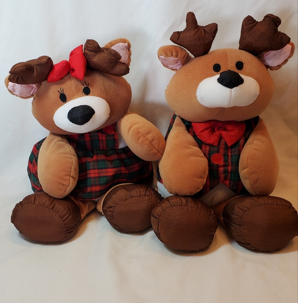 Reindeer Christmas Plush Vtg 1995 Plaid Outfits 14" Tall Gibson Greetings